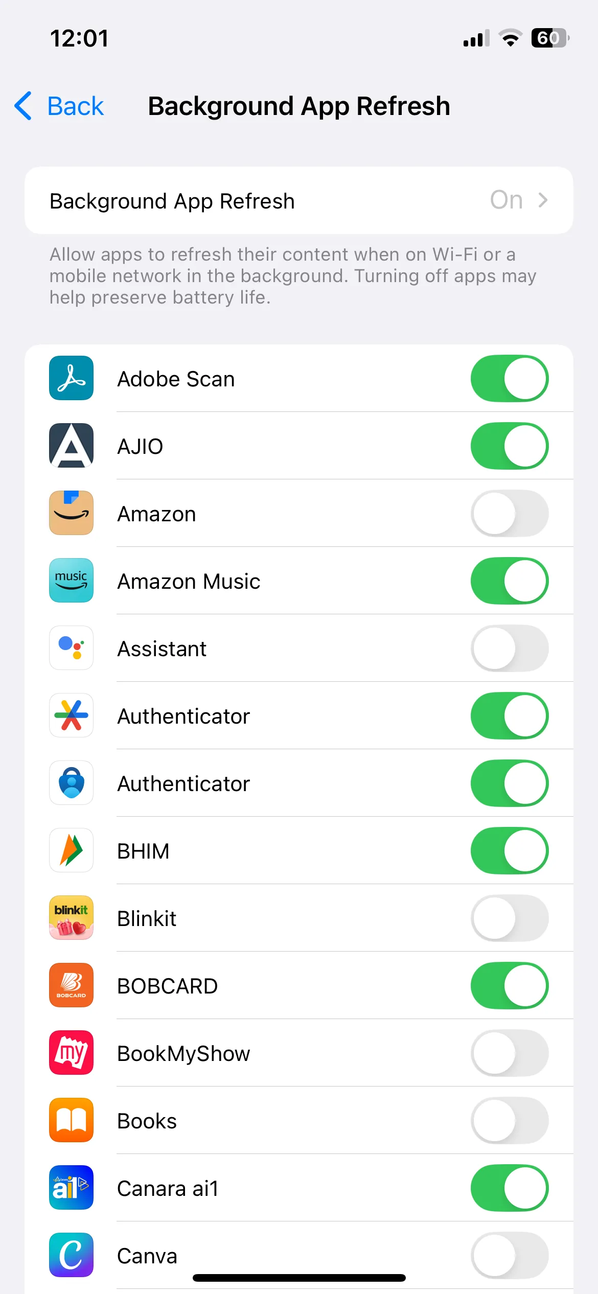 Menu Làm mới ứng dụng trong nền trên iPhone, cho phép tắt ứng dụng chạy ngầm