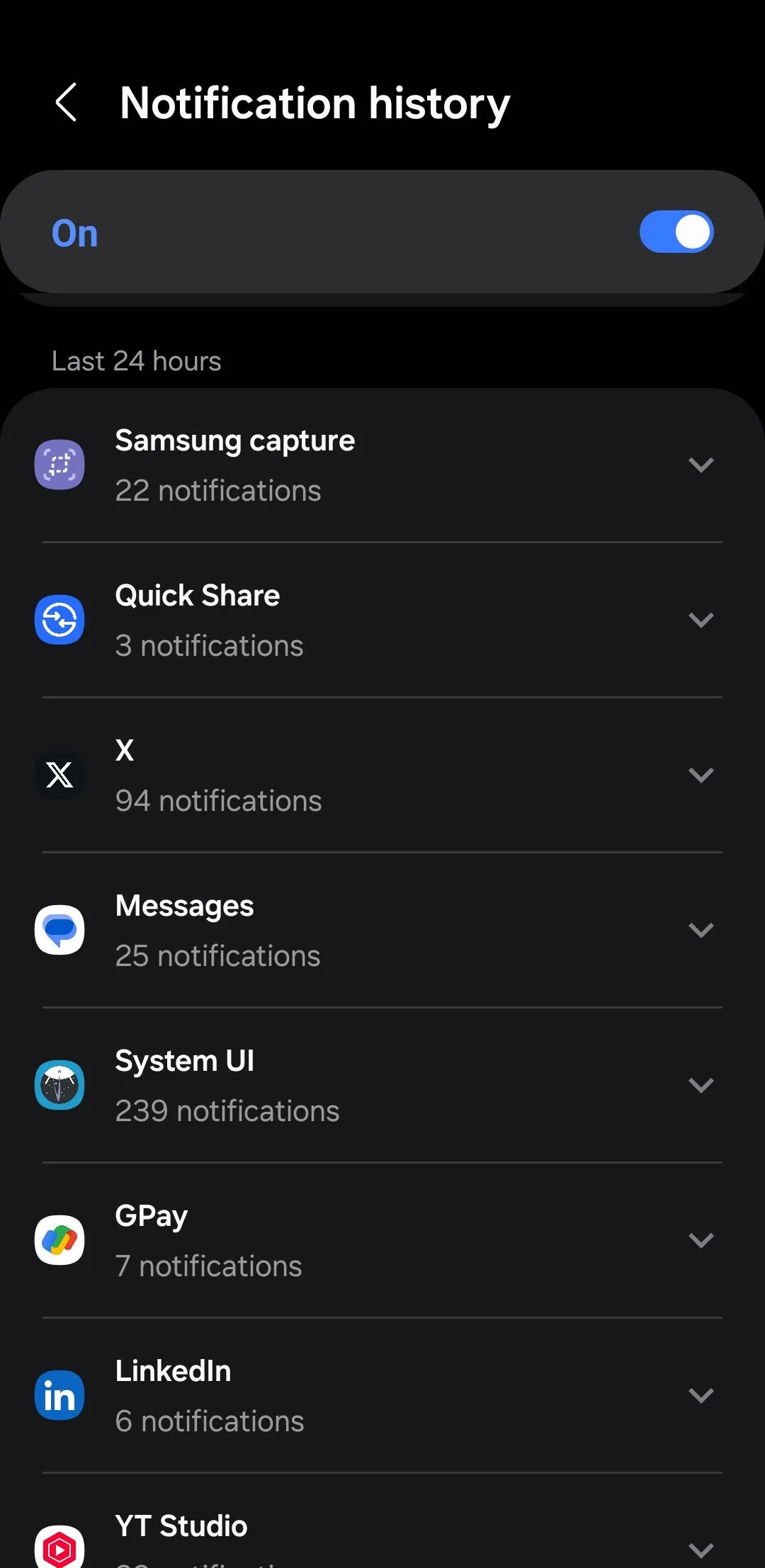 Menu Lịch sử thông báo (Notification History) trên Android, hiển thị danh sách các thông báo đã nhận và bị loại bỏ.