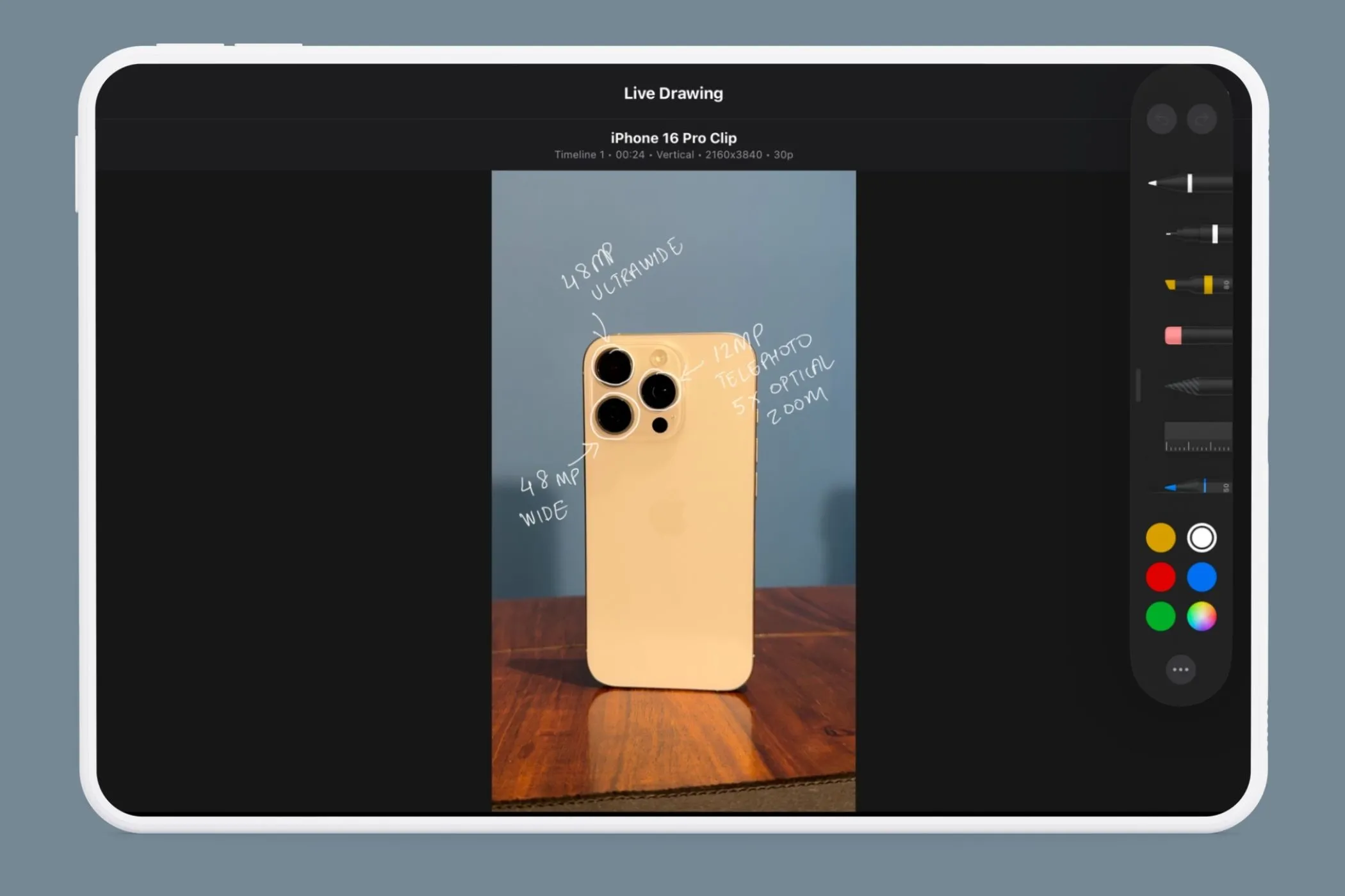 Menu Live Drawing trong Final Cut Pro trên iPad hiển thị các công cụ vẽ đa dạng như bút, dạ quang, chì.