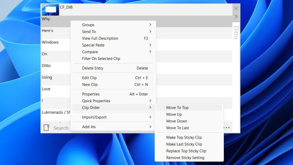 Menu ngữ cảnh của Ditto cho phép xóa và sắp xếp lại thứ tự các mục trong lịch sử clipboard