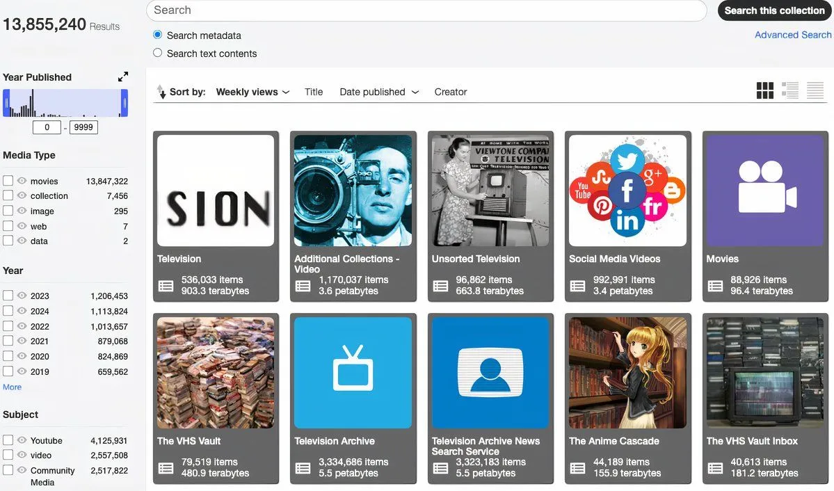 Menu phim trên Internet Archive, hiển thị danh sách các bộ phim kinh điển và độc đáo thuộc phạm vi công cộng.
