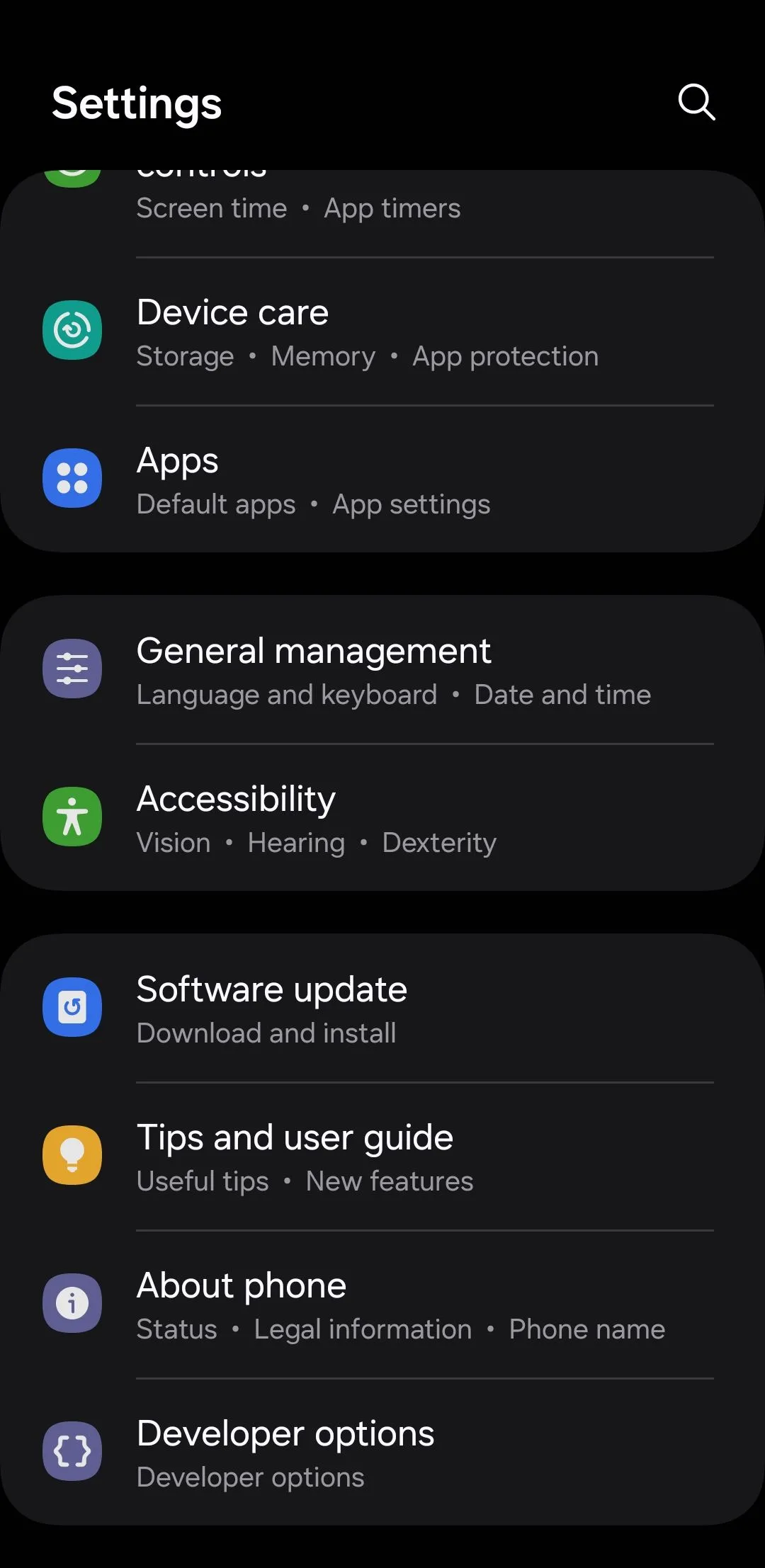 Menu quản lý chung trong cài đặt điện thoại Android, nơi người dùng có thể truy cập cài đặt bộ nhớ