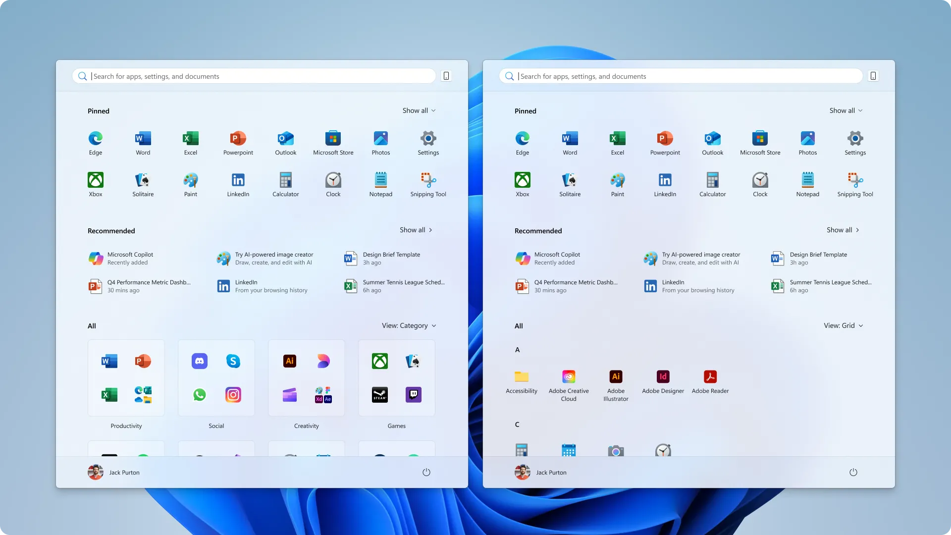 Menu Start Windows 11 với tùy chọn bố cục Danh mục và Lưới