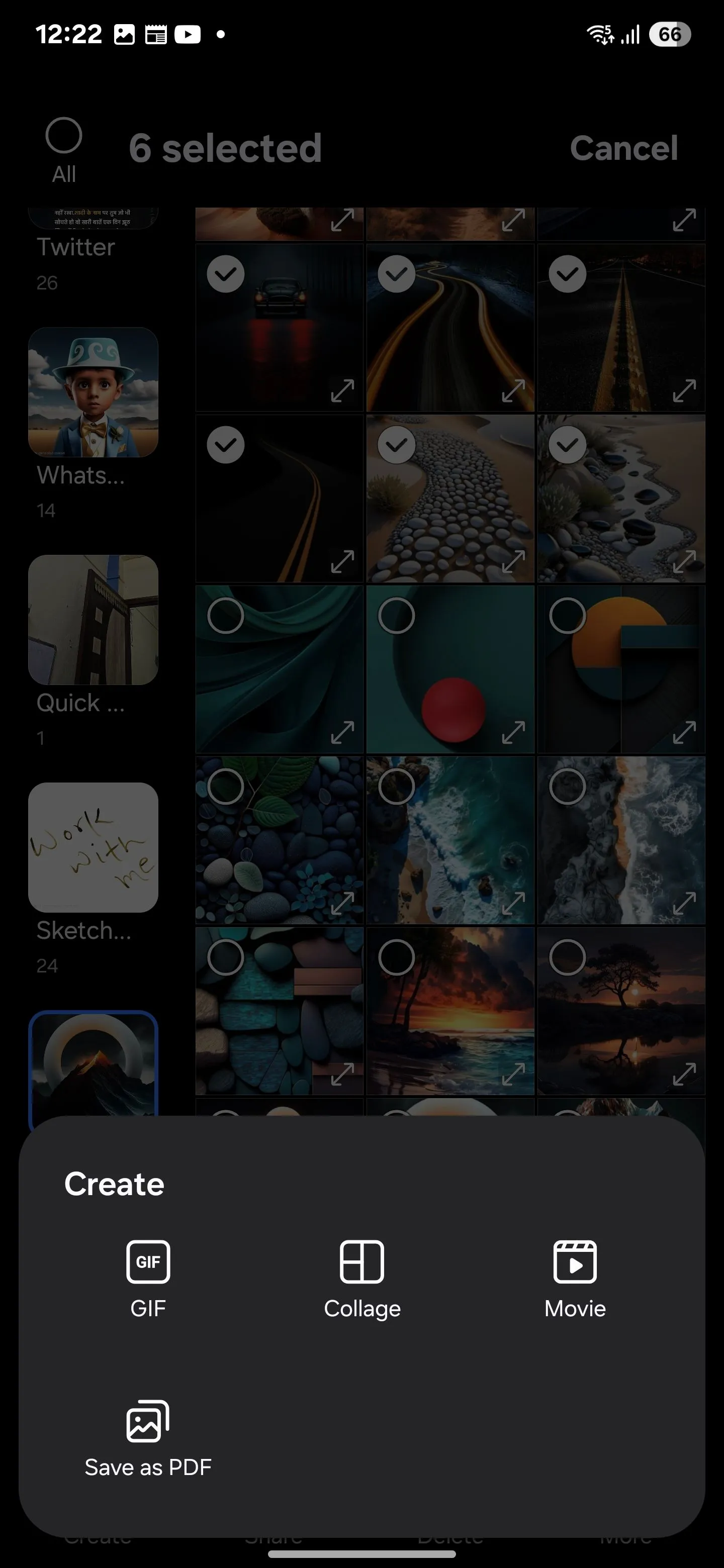Menu Tạo (Create) trong Thư viện Samsung, hiển thị các tùy chọn như tạo GIF, ghép ảnh, phim và Lưu dưới dạng PDF.