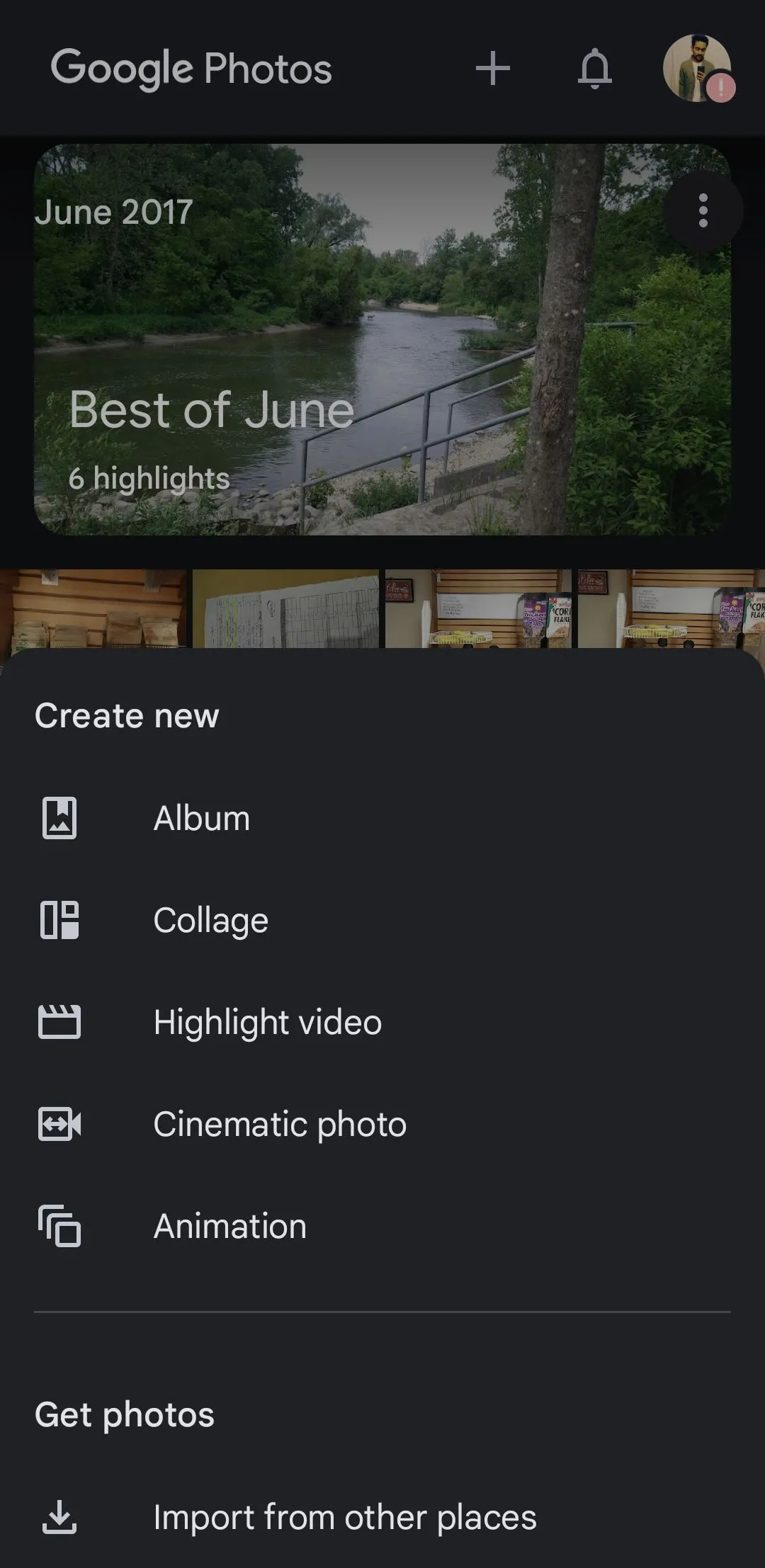 Menu tạo trong Google Photos trên thiết bị di động