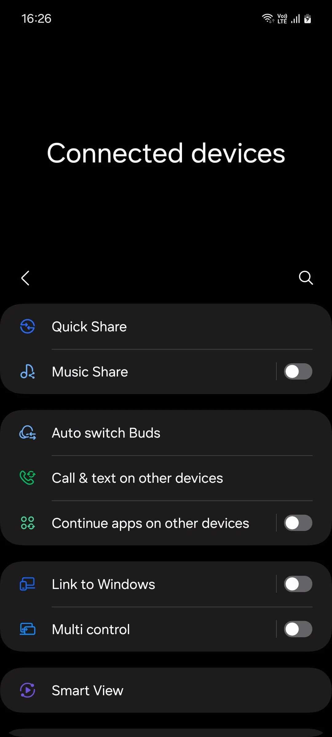 Menu Thiết bị đã kết nối trên Samsung One UI 6.1, hiển thị tùy chọn &quot;Tiếp tục ứng dụng trên các thiết bị khác&quot; cho Dịch vụ Liên tục (Continuity Service).