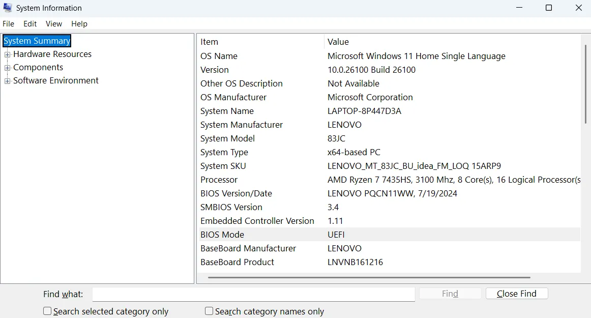 Menu Thông tin Hệ thống (msinfo32) hiển thị chi tiết phần cứng và phần mềm của máy tính Windows
