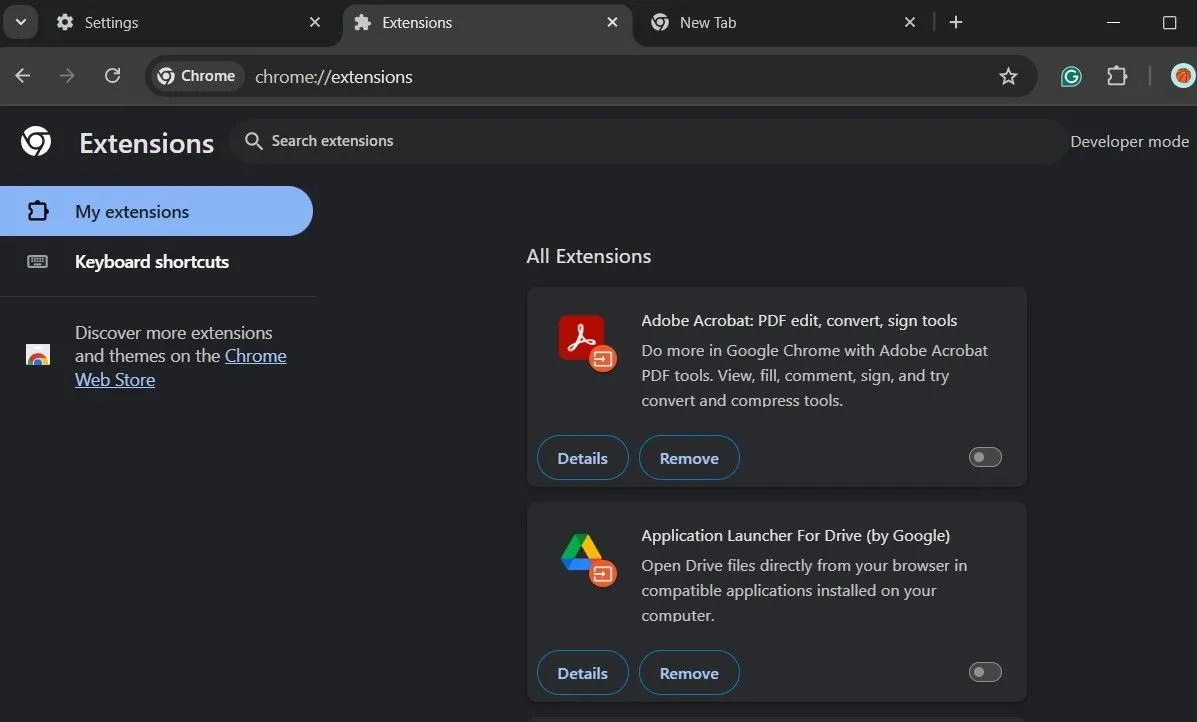 Menu tiện ích mở rộng trong Google Chrome