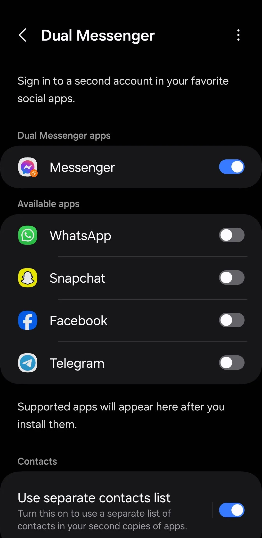 Menu tính năng Dual Messenger trên Samsung Galaxy, cho phép nhân đôi ứng dụng nhắn tin
