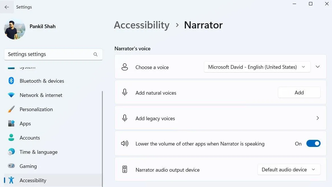 Menu Trình tường thuật trong ứng dụng Cài đặt Windows
