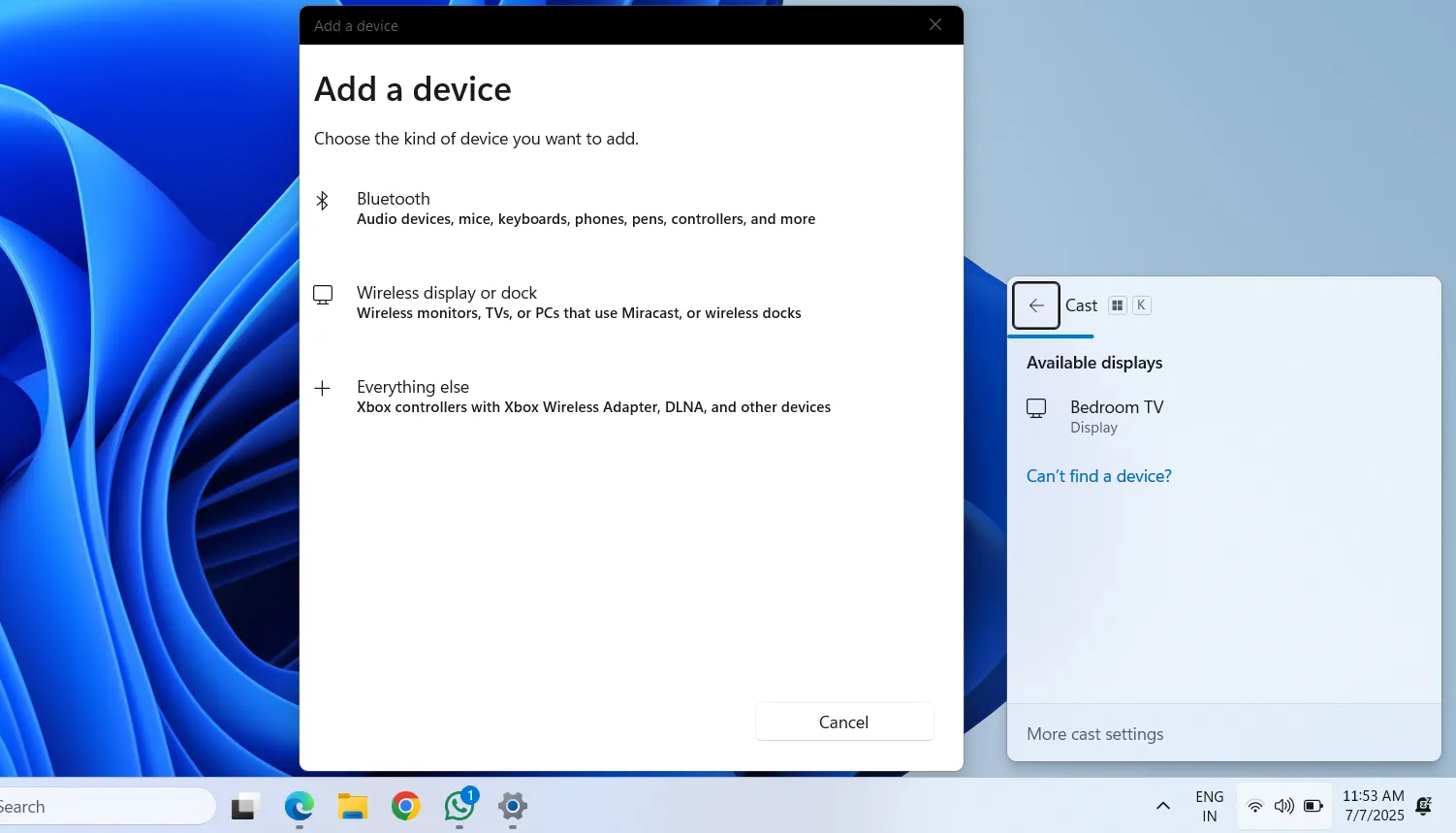 Menu truyền màn hình không dây (Cast) trên Windows 11
