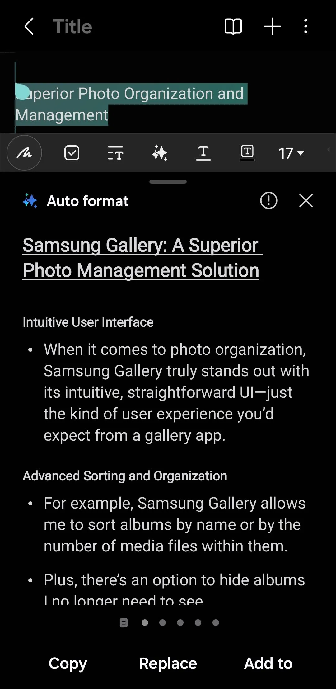 Menu Tự động định dạng trong ứng dụng Samsung Notes, một tính năng của Galaxy AI