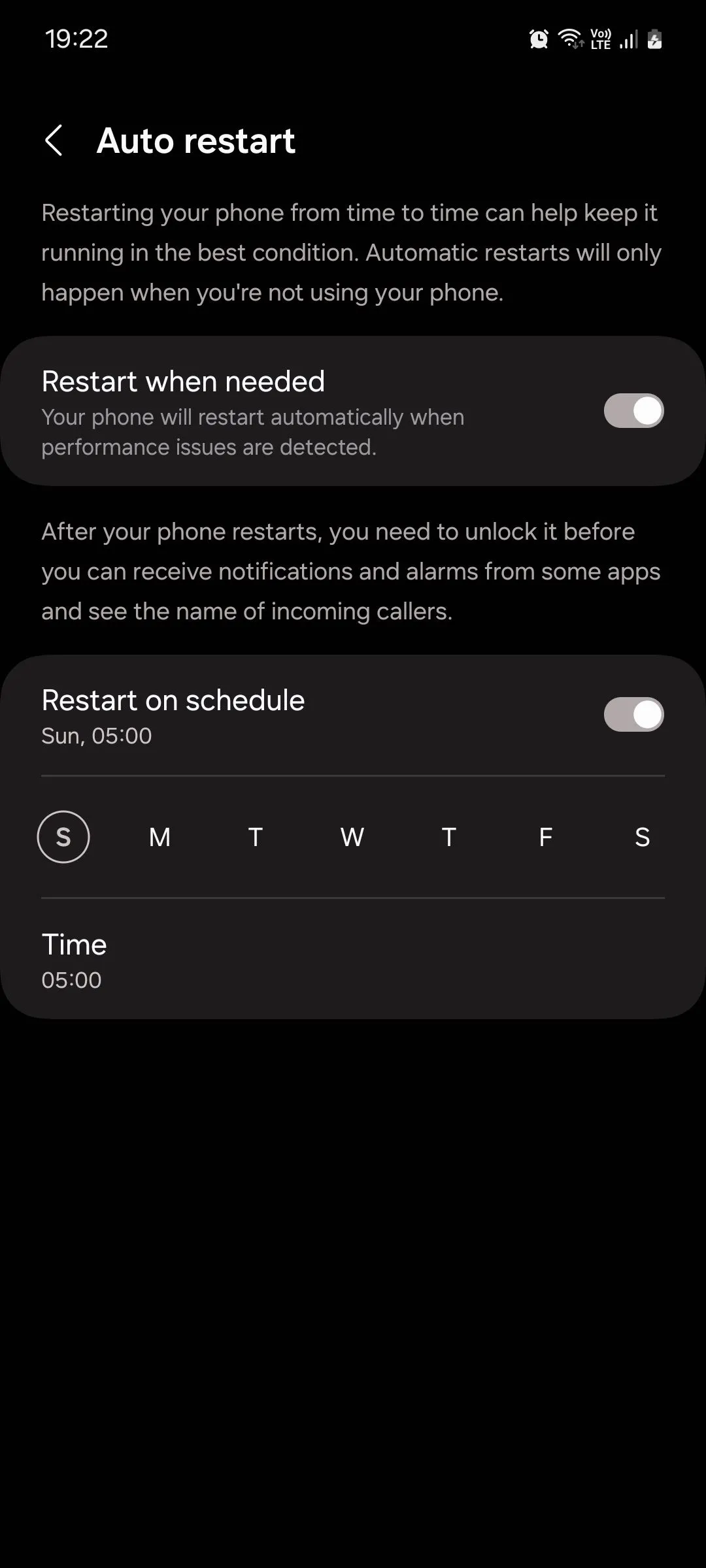 Menu Tự động khởi động lại trên điện thoại Samsung