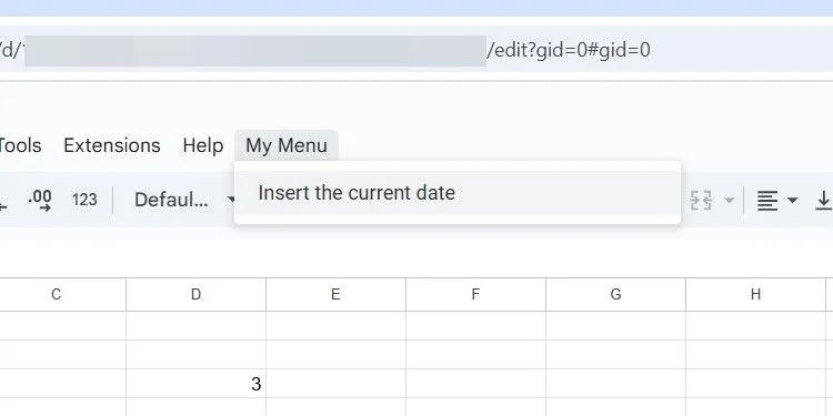 Menu tùy chỉnh "My Menu" hiển thị trong Google Sheets, với mục "Insert Current Date" được tạo bằng Google Apps Script, giúp người dùng chèn ngày tháng nhanh chóng.