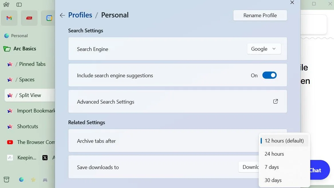 Menu tùy chỉnh tự động lưu trữ tab trong Arc browser