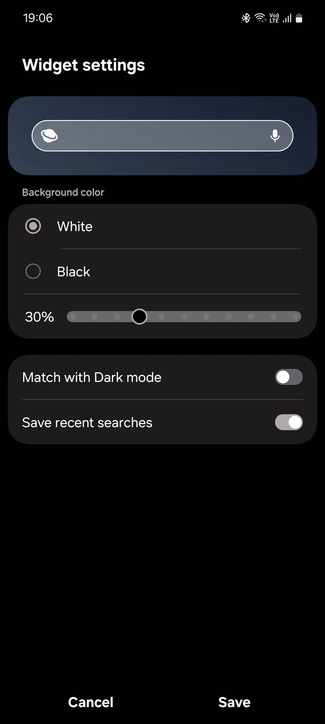 Menu tùy chỉnh widget tìm kiếm của Samsung Internet, hiển thị các tùy chọn cài đặt.