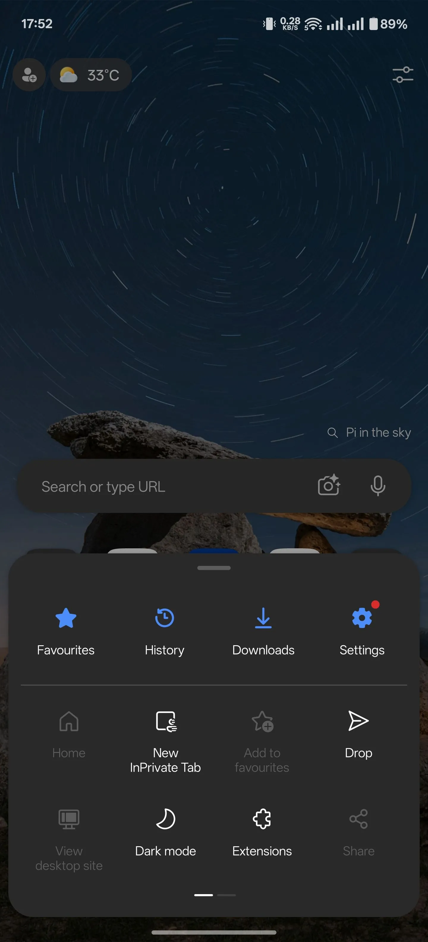Menu tùy chọn của trình duyệt Microsoft Edge trên Android