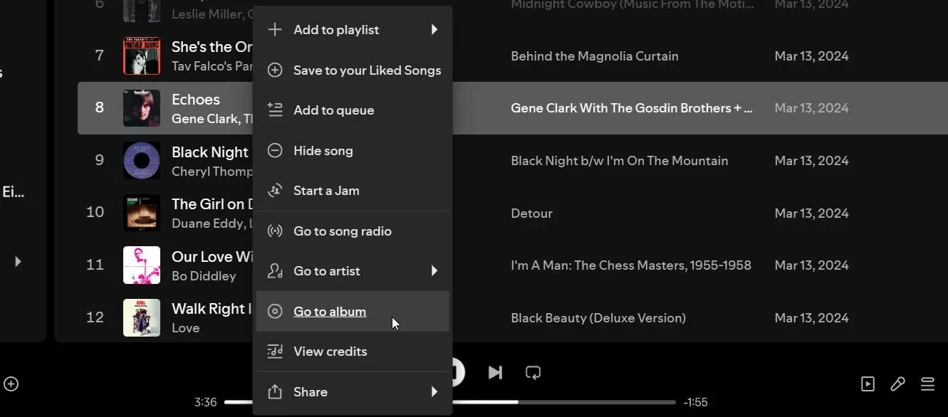 Menu tùy chọn &quot;Go to album&quot; trên Spotify để truy cập album nghệ sĩ