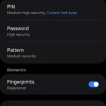 Menu tùy chọn loại khóa Thư mục Bảo mật trên điện thoại Samsung