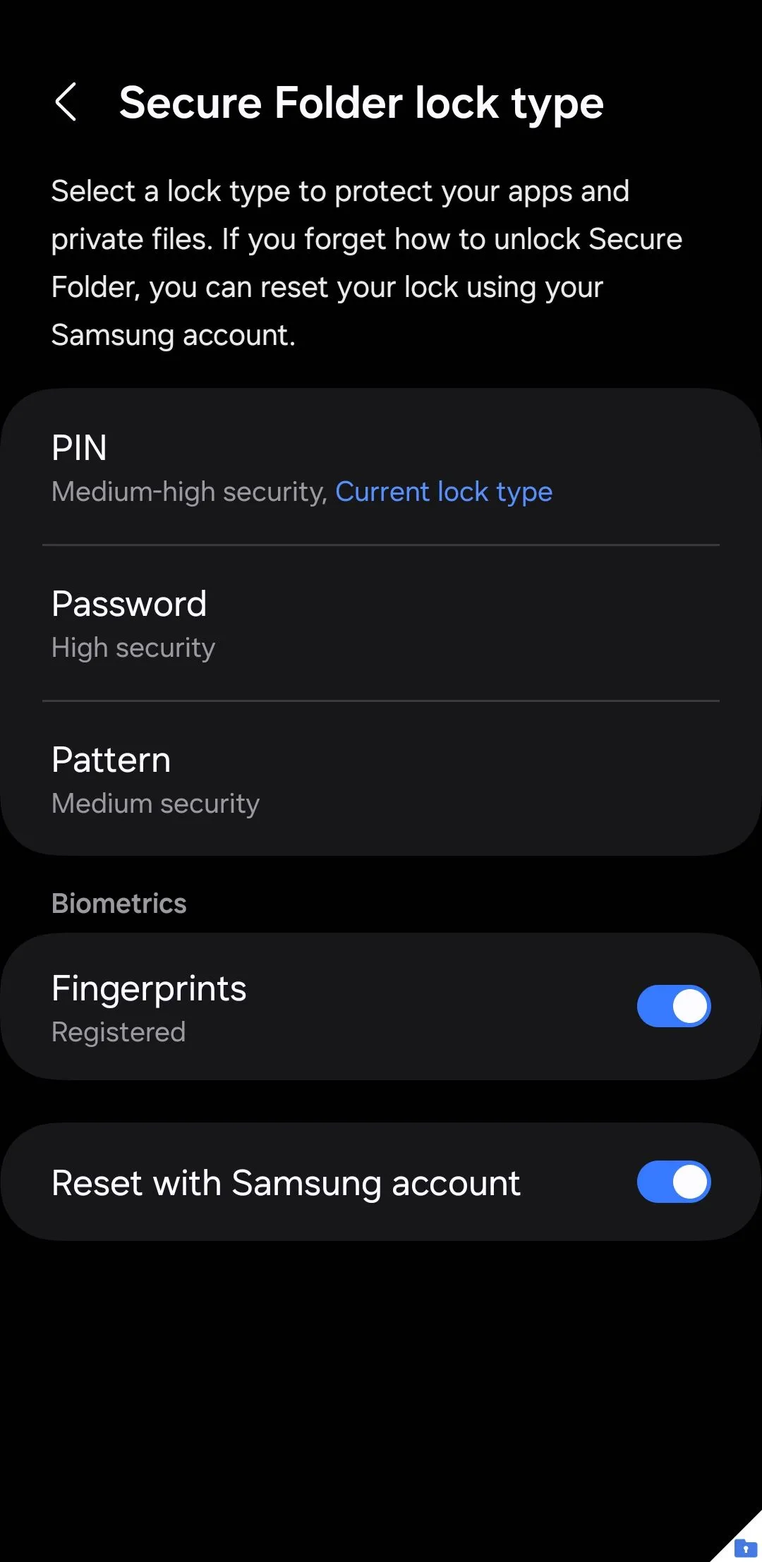 Menu tùy chọn loại khóa Thư mục Bảo mật trên điện thoại Samsung
