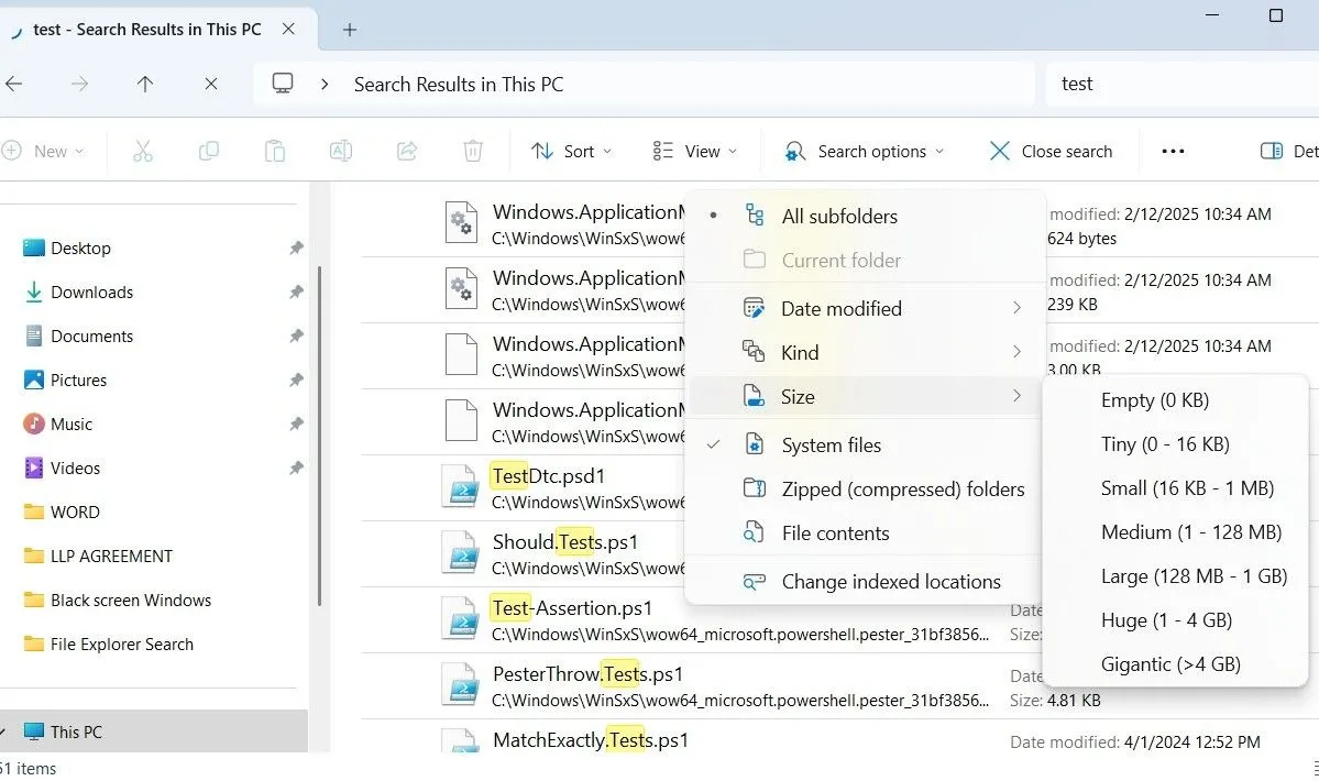 Menu tùy chọn tìm kiếm trong File Explorer trên Windows, hiển thị các bộ lọc và công cụ hỗ trợ