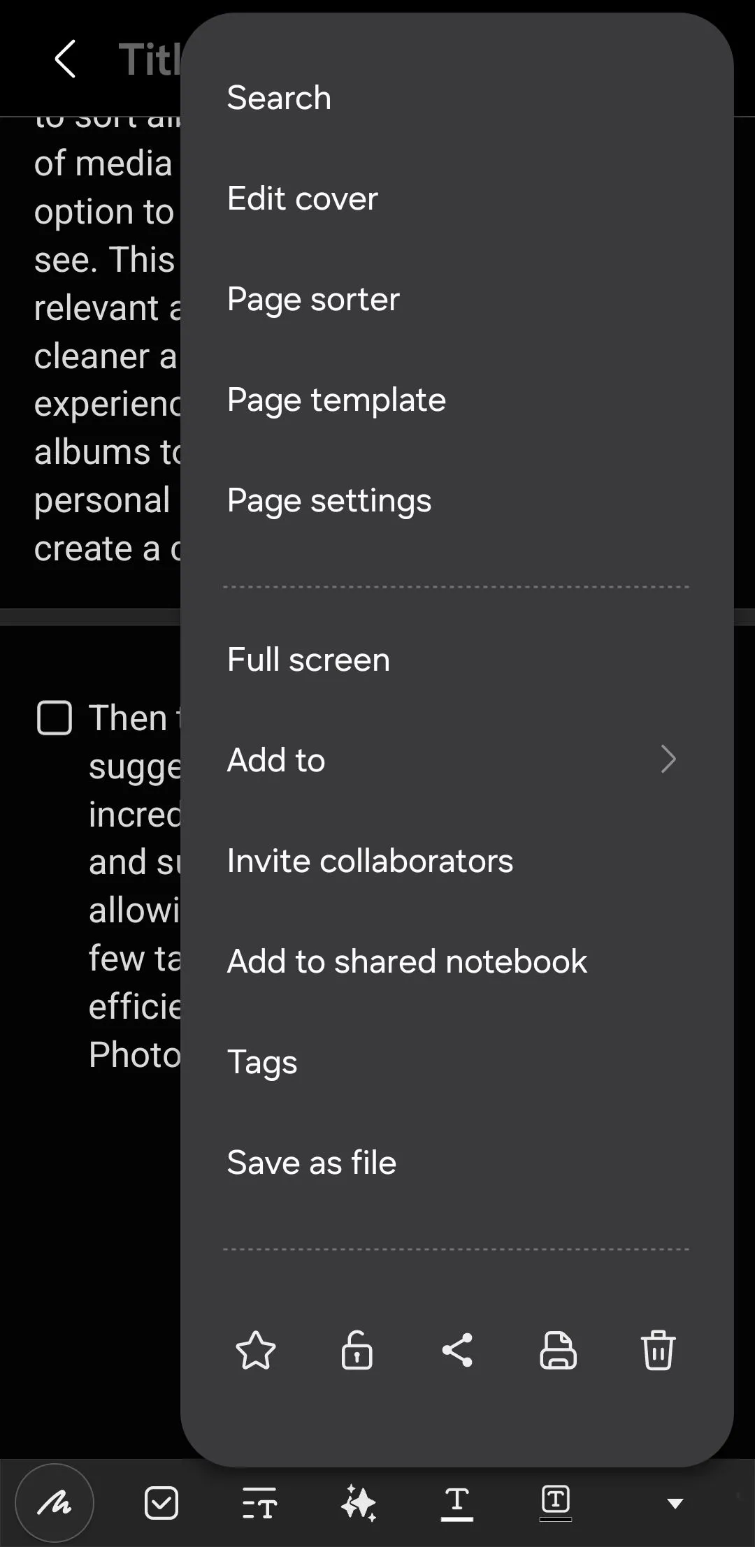 Menu tùy chọn trong Samsung Notes hiển thị các định dạng xuất file đa dạng như DOCX, PDF, hình ảnh, văn bản và PowerPoint.