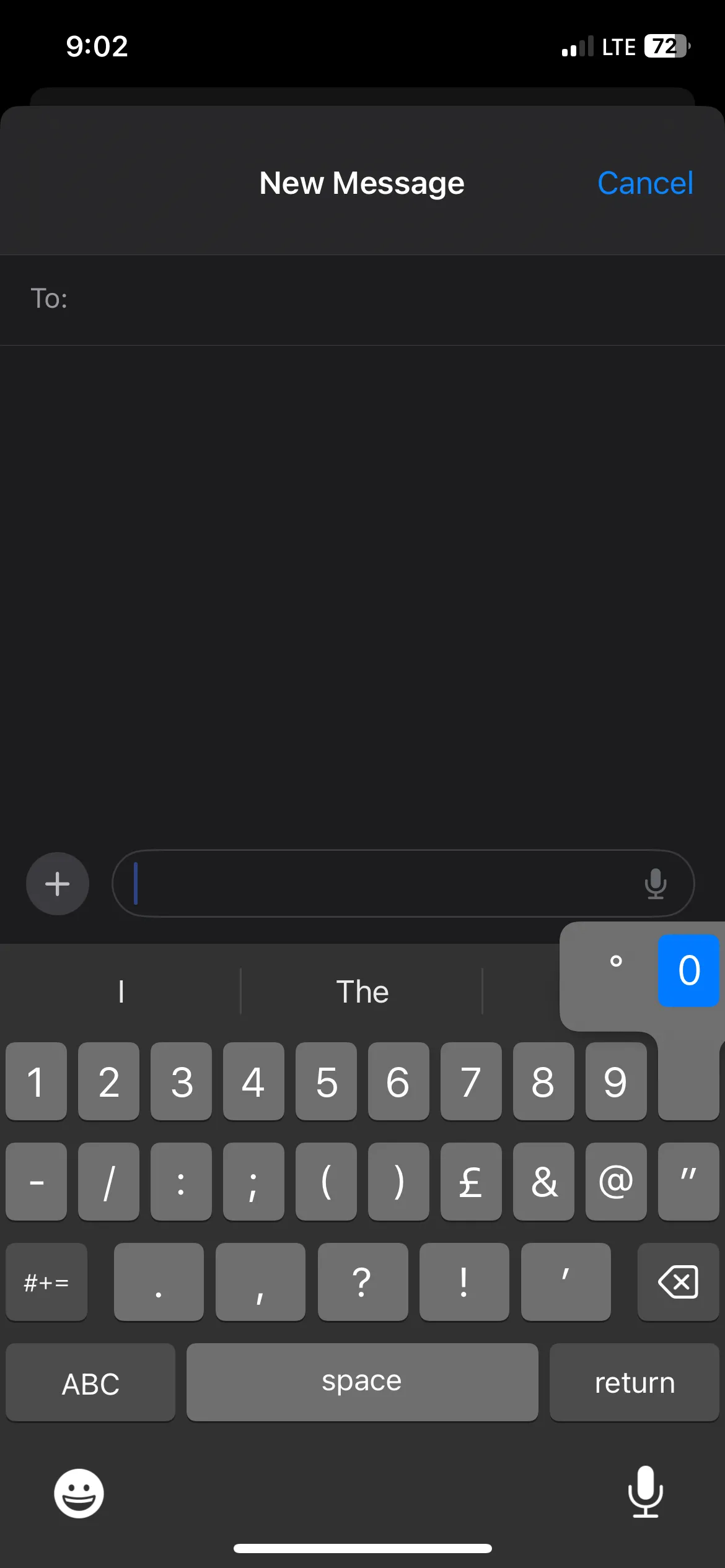 Menu xuất hiện khi nhấn giữ phím số 0 trên bàn phím iPhone.
