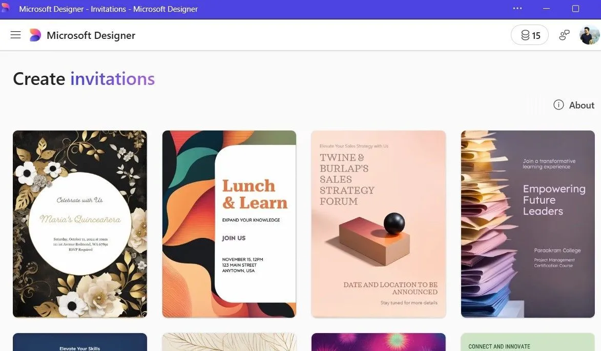 Microsoft Designer hiển thị bộ sưu tập các mẫu thiết kế lời mời sẵn có.