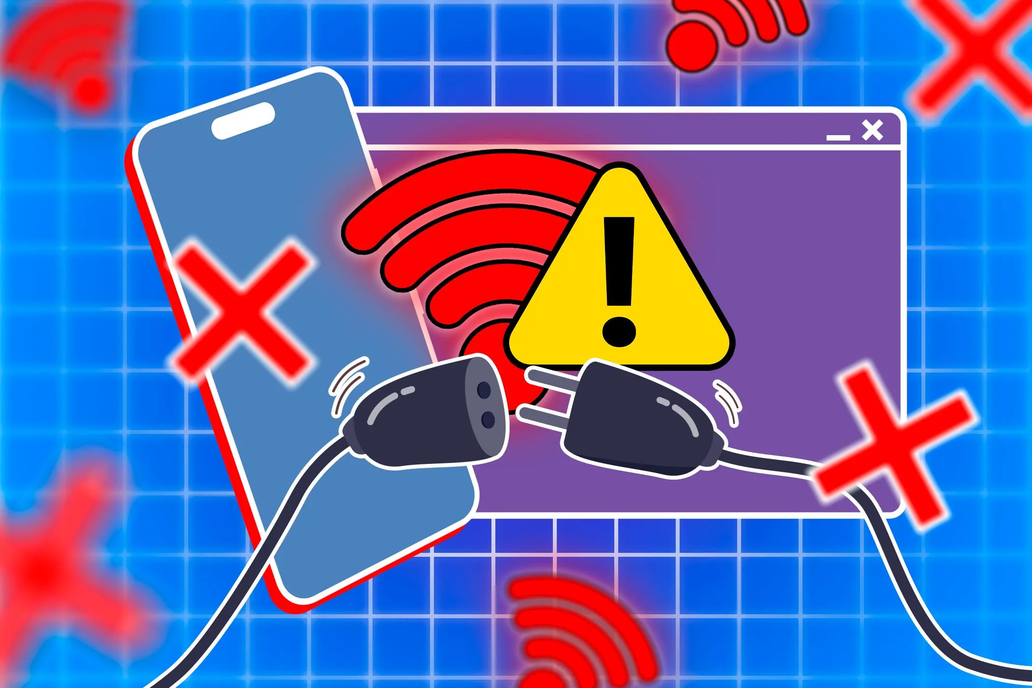 Minh họa điện thoại thông minh và cửa sổ trình duyệt hiển thị biểu tượng Wi-Fi và cảnh báo mất kết nối internet