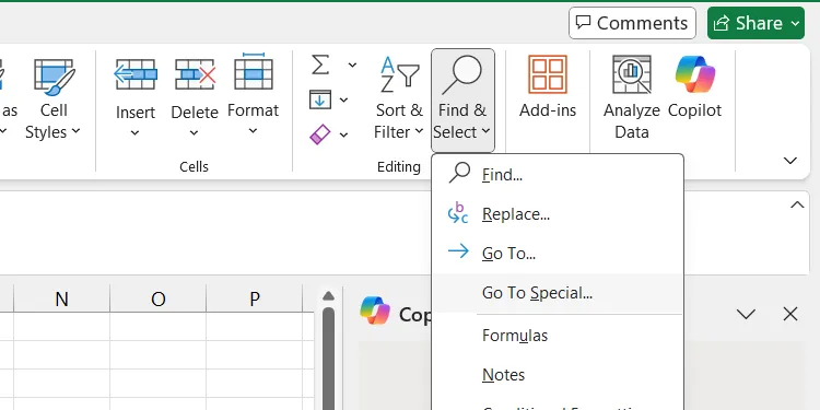 Mở hộp thoại Go to Special trong Excel để tìm các ô đặc biệt.