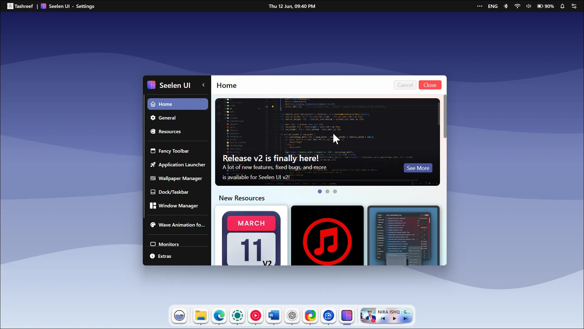 Môi trường desktop Seelen UI với dock và thanh menu trên Windows 11