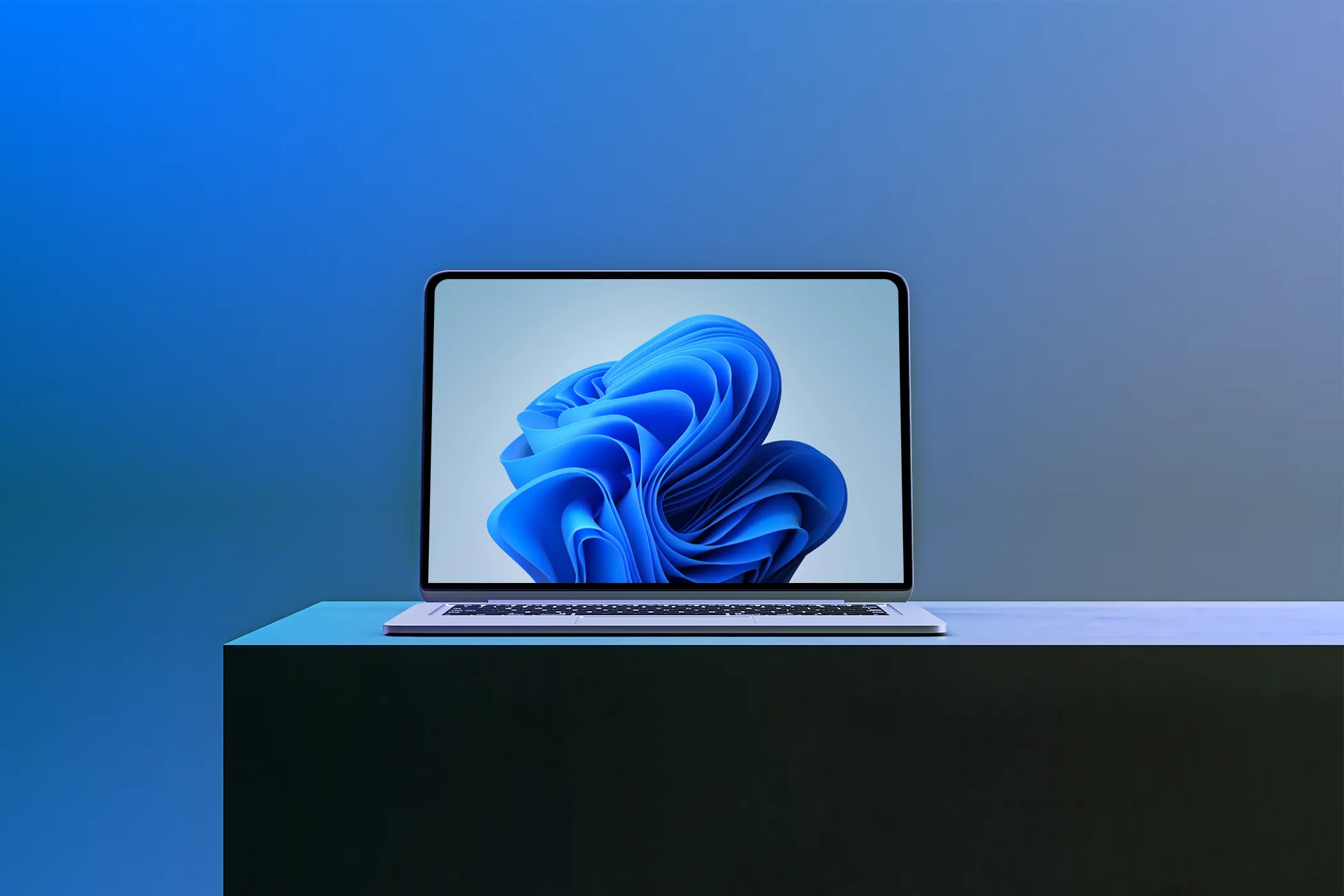 Một chiếc laptop đang hiển thị hình nền Windows 11 trên màn hình, tượng trưng cho chất lượng hiển thị