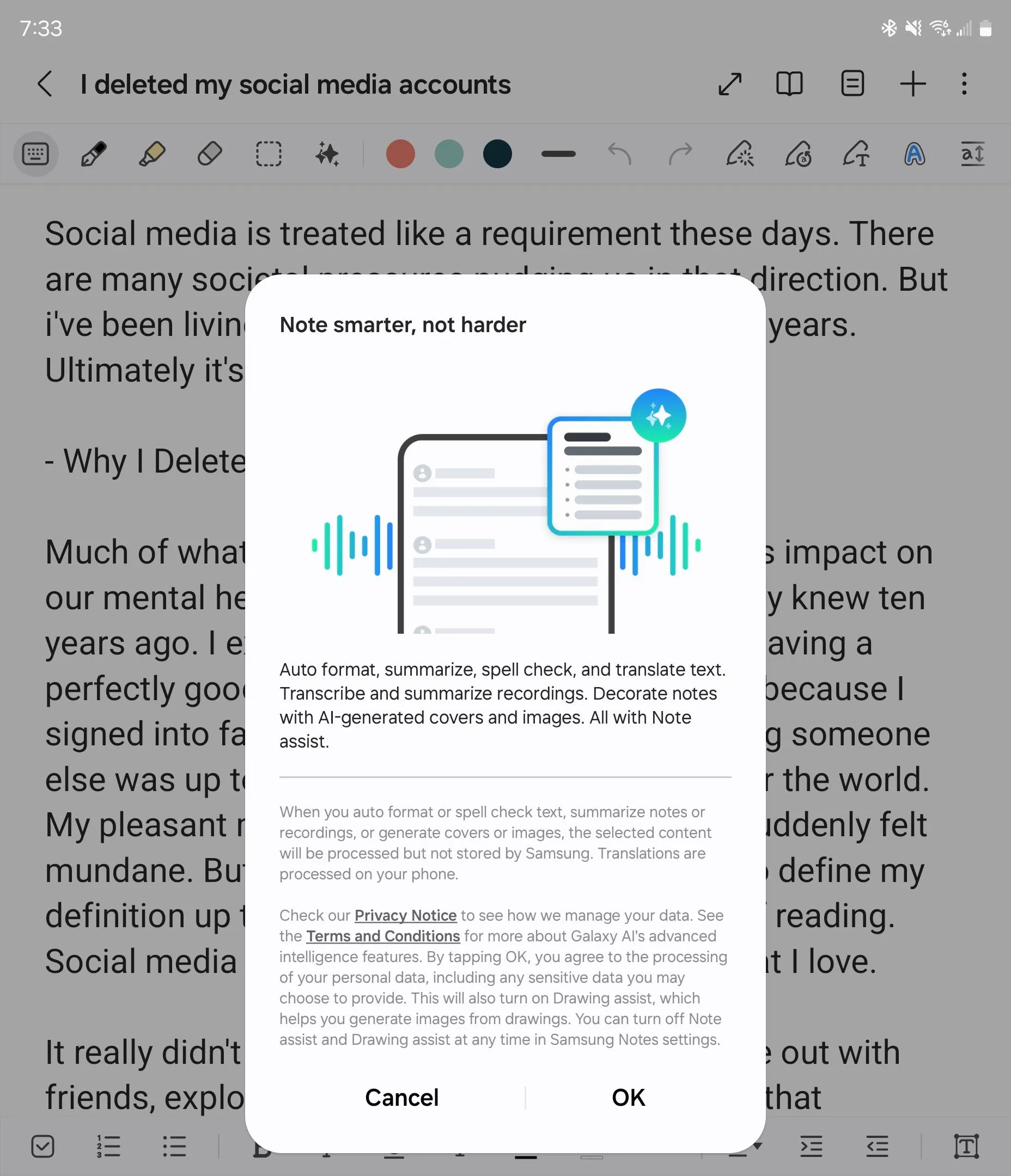 Một cửa sổ giới thiệu tính năng Note Assist trong Samsung Notes.