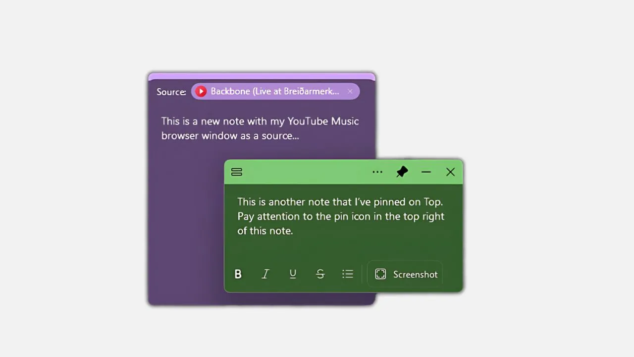 Một ghi chú Sticky Notes trên Windows 11 được ghim nổi bật trên đỉnh các cửa sổ ứng dụng khác, hiển thị nội dung đang hoạt động.