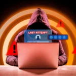 Một hacker đang ngồi trước laptop với màn hình đăng nhập và các cảnh báo xung quanh