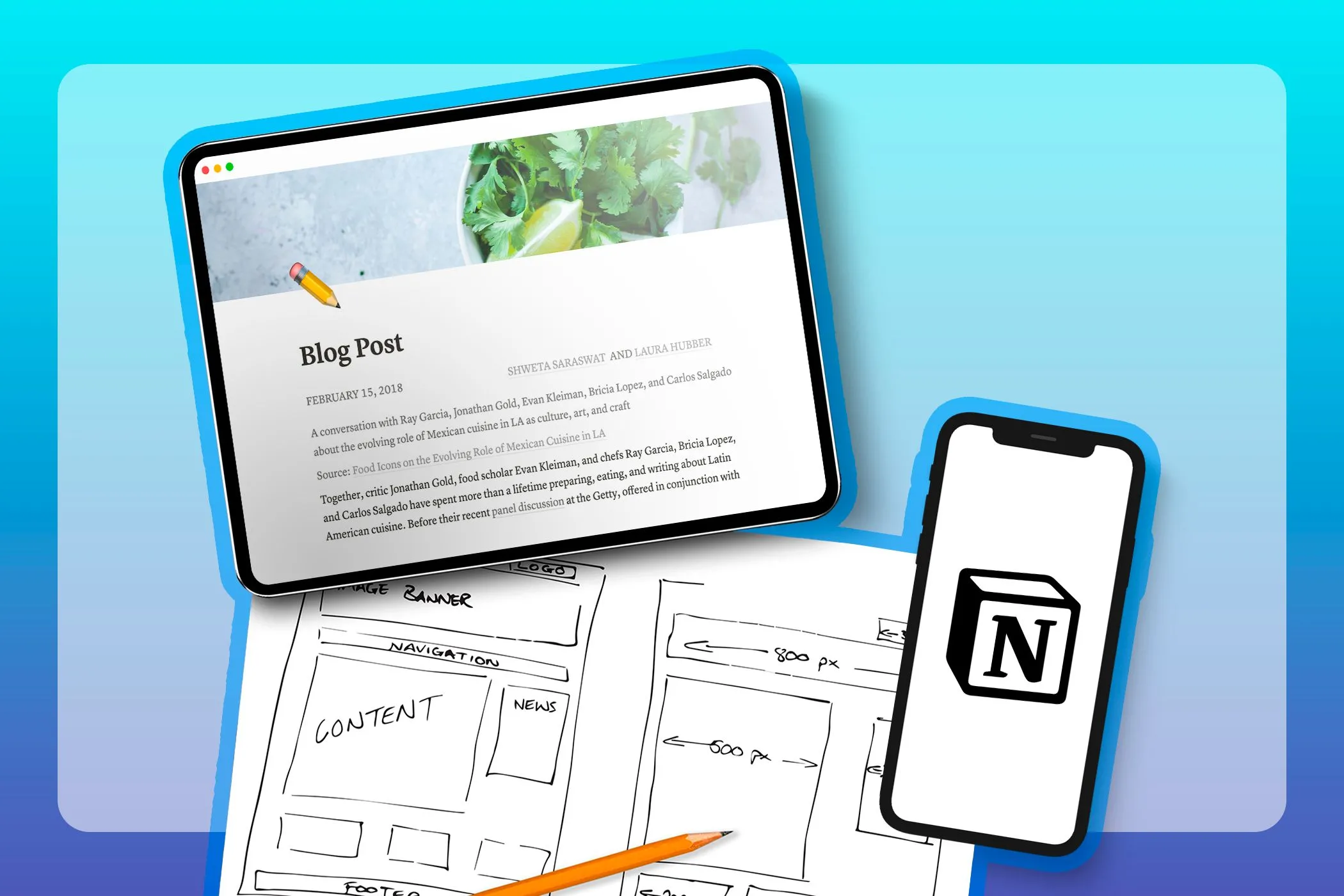 Một máy tính bảng hiển thị trang web được tạo bằng Notion Sites, kèm theo phác thảo và điện thoại với logo Notion, minh họa khả năng tùy chỉnh.