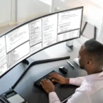 Một người đàn ông đang gõ bàn phím trước màn hình siêu rộng trong không gian làm việc hiện đại.