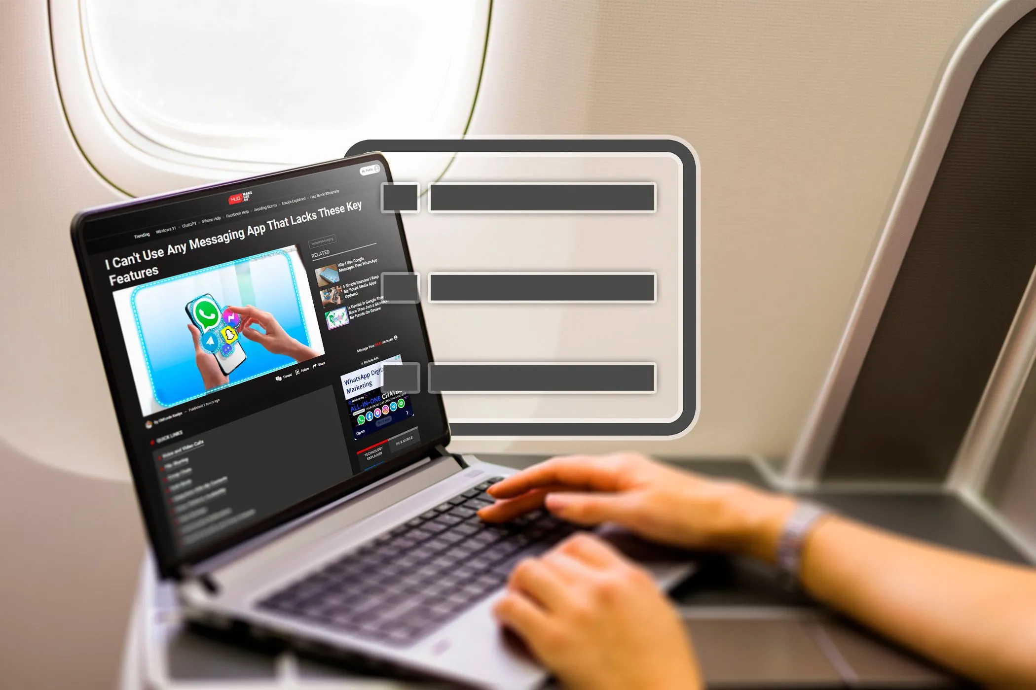Một người đang sử dụng laptop trên máy bay, hiển thị biểu tượng Danh sách đọc (Reading List) của Chrome, minh họa việc đọc nội dung ngoại tuyến.