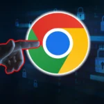 Một người dùng chỉ vào logo Google Chrome trên màn hình, tượng trưng cho việc hacker thu thập dữ liệu từ các nền tảng trực tuyến bằng AI.