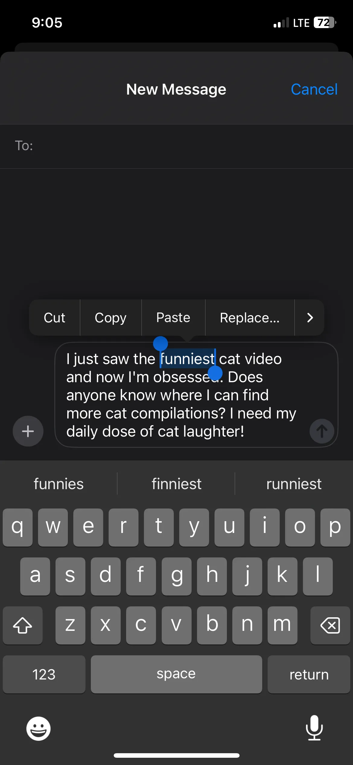 Một từ đơn được chọn trên bàn phím iPhone, hiển thị menu tùy chọn văn bản.