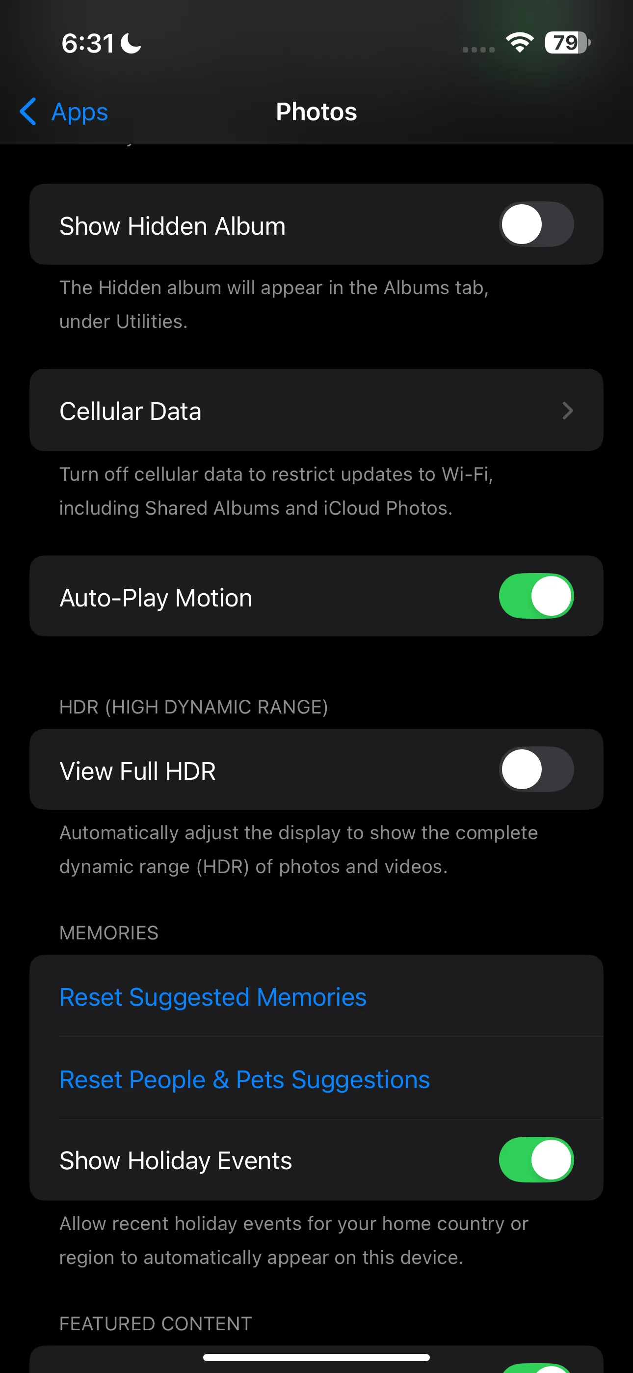 Mục Ảnh trong ứng dụng Cài đặt của iPhone