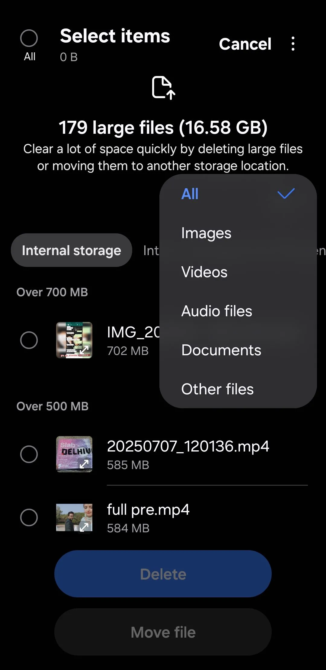 Mục hiển thị các tệp video dung lượng lớn trong cài đặt lưu trữ của Samsung