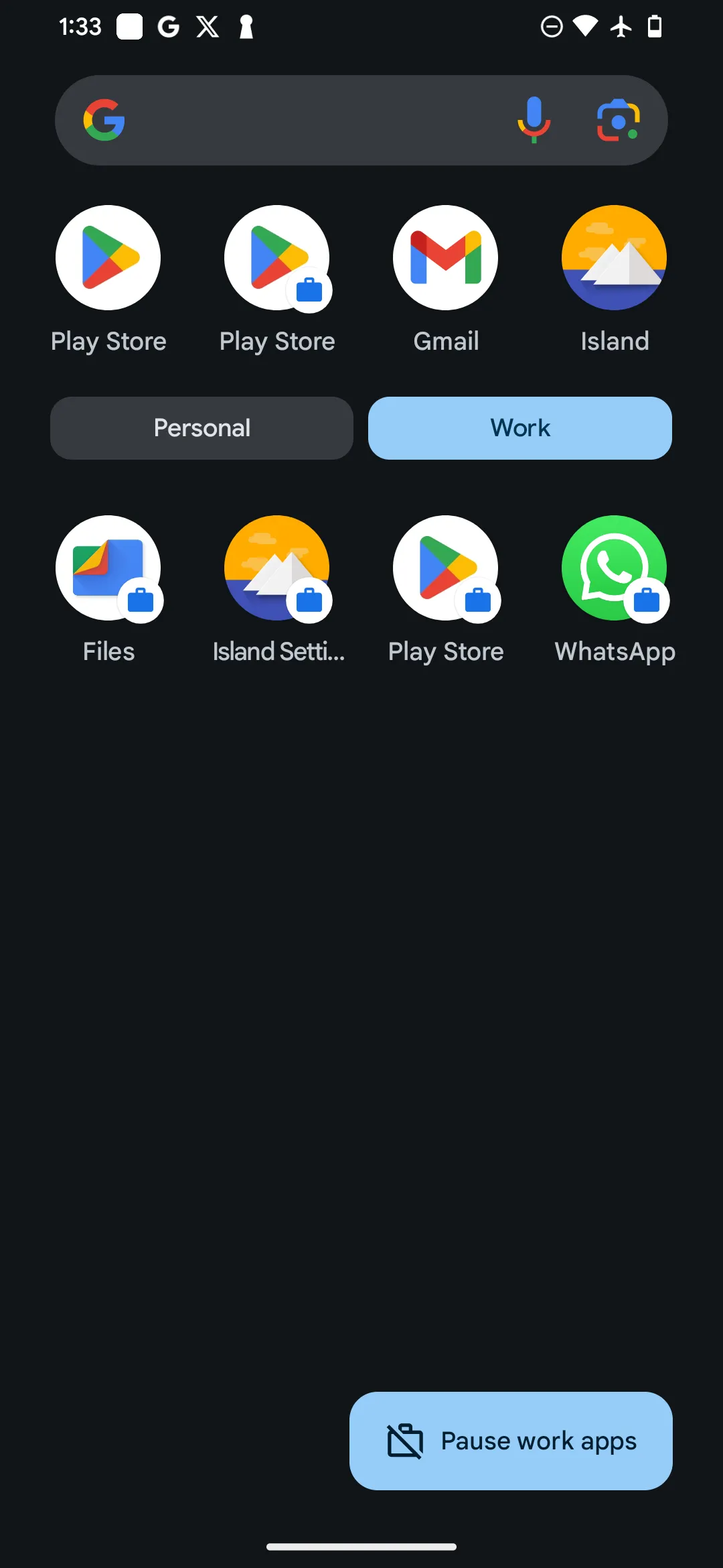 Ngăn kéo ứng dụng Android hiển thị mục Hồ sơ công việc (Work Profile) với các ứng dụng đã được nhân bản bởi Island.