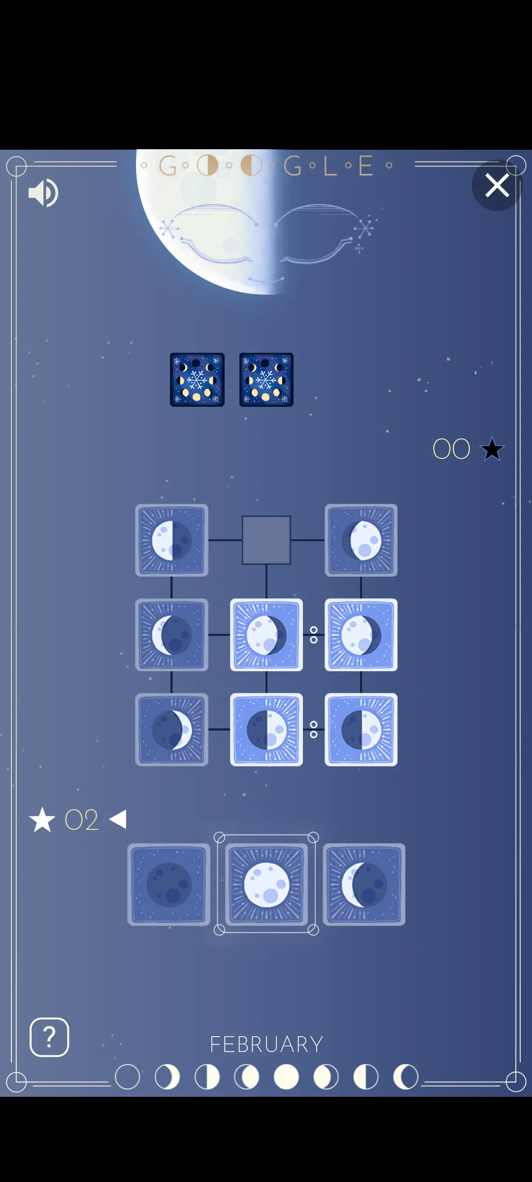 Người chơi đang tương tác với giao diện game The Rise of the Half Moon của Google Doodle, hiển thị các lá bài với hình ảnh các pha mặt trăng trên bảng chơi.