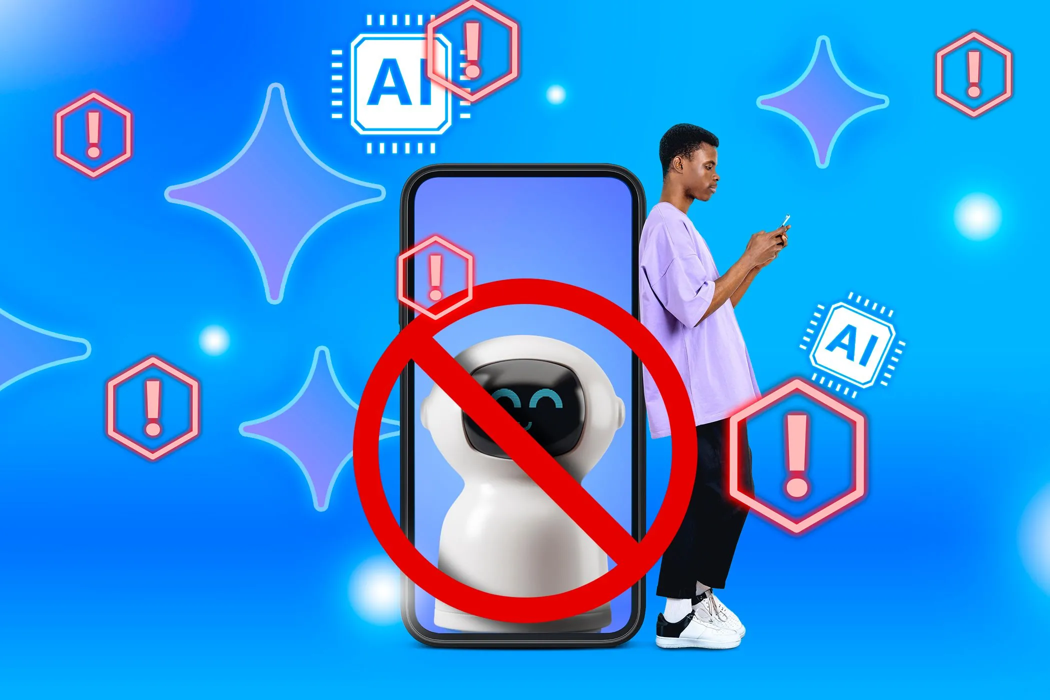 Người đàn ông dùng điện thoại cạnh màn hình lớn có robot và biển cấm, biểu tượng cho những hạn chế của tác nhân AI