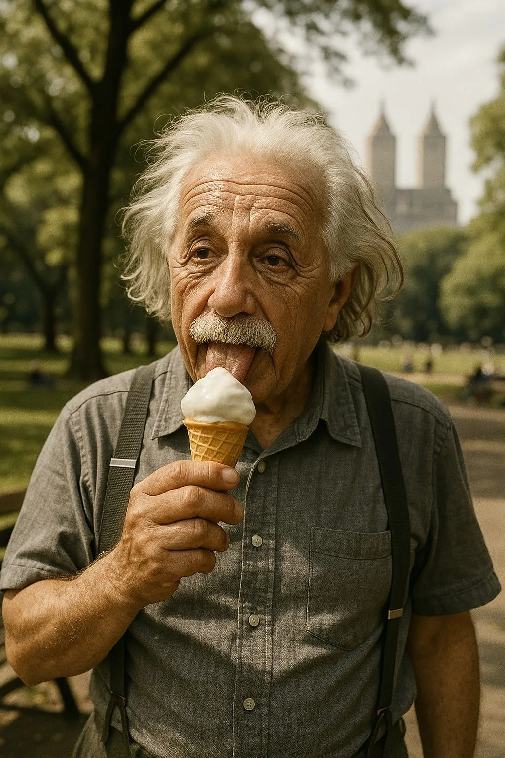 Người đàn ông giống Albert Einstein đang ăn kem trong Công viên Trung tâm do ChatGPT 4o tạo ra, trông rất chân thực