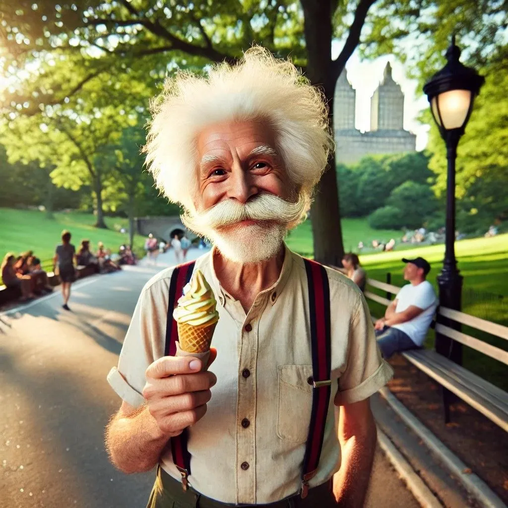 Người đàn ông giống Albert Einstein đang ăn kem trong Công viên Trung tâm do DALL-E tạo ra, phong cách hoạt hình