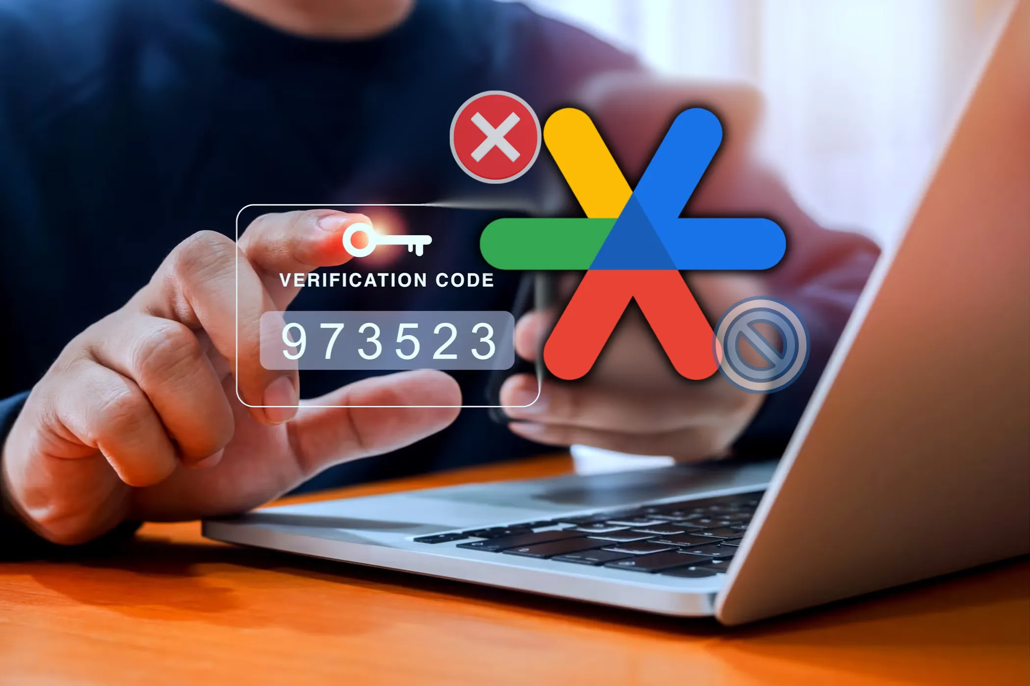 Người đàn ông nhập mã xác thực hai yếu tố trên điện thoại thông minh, với logo Google Authenticator nổi bật, minh họa cách dùng ứng dụng xác thực