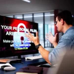 Người đàn ông thất vọng nhìn màn hình máy tính hiển thị thông báo ransomware
