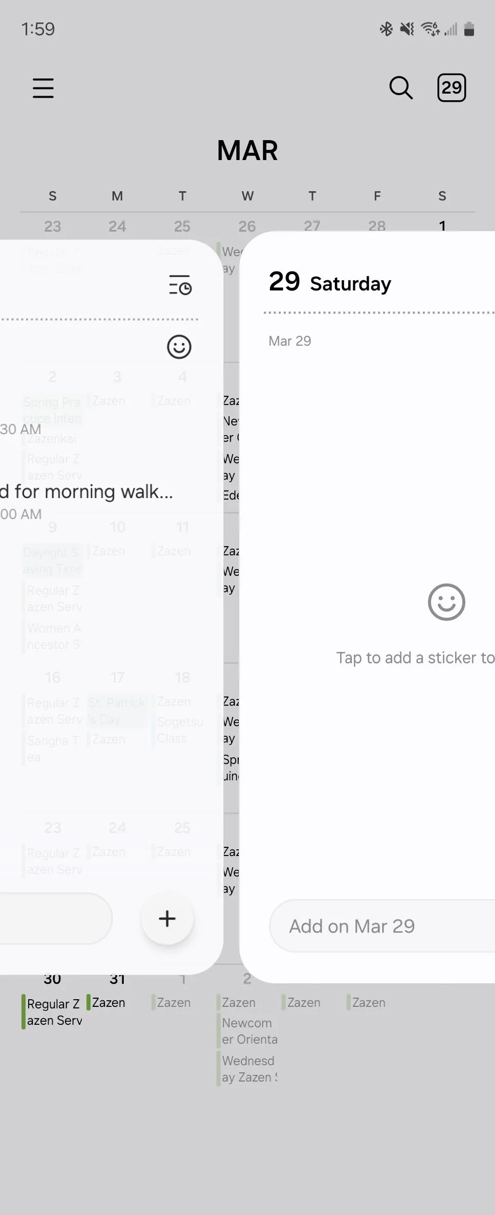 Người dùng đang vuốt để chuyển đổi giữa hai sự kiện khác nhau trong Lịch Samsung, minh họa tính năng điều hướng nhanh chóng